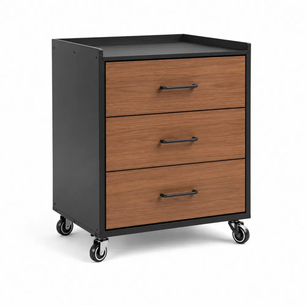 Rollcontainer Aufbewahrungsschrank rechteckig Spanplatte Schwarz Braun mit 3 Schubladen Rollen und Ablage 60 x 40 x 75 cm