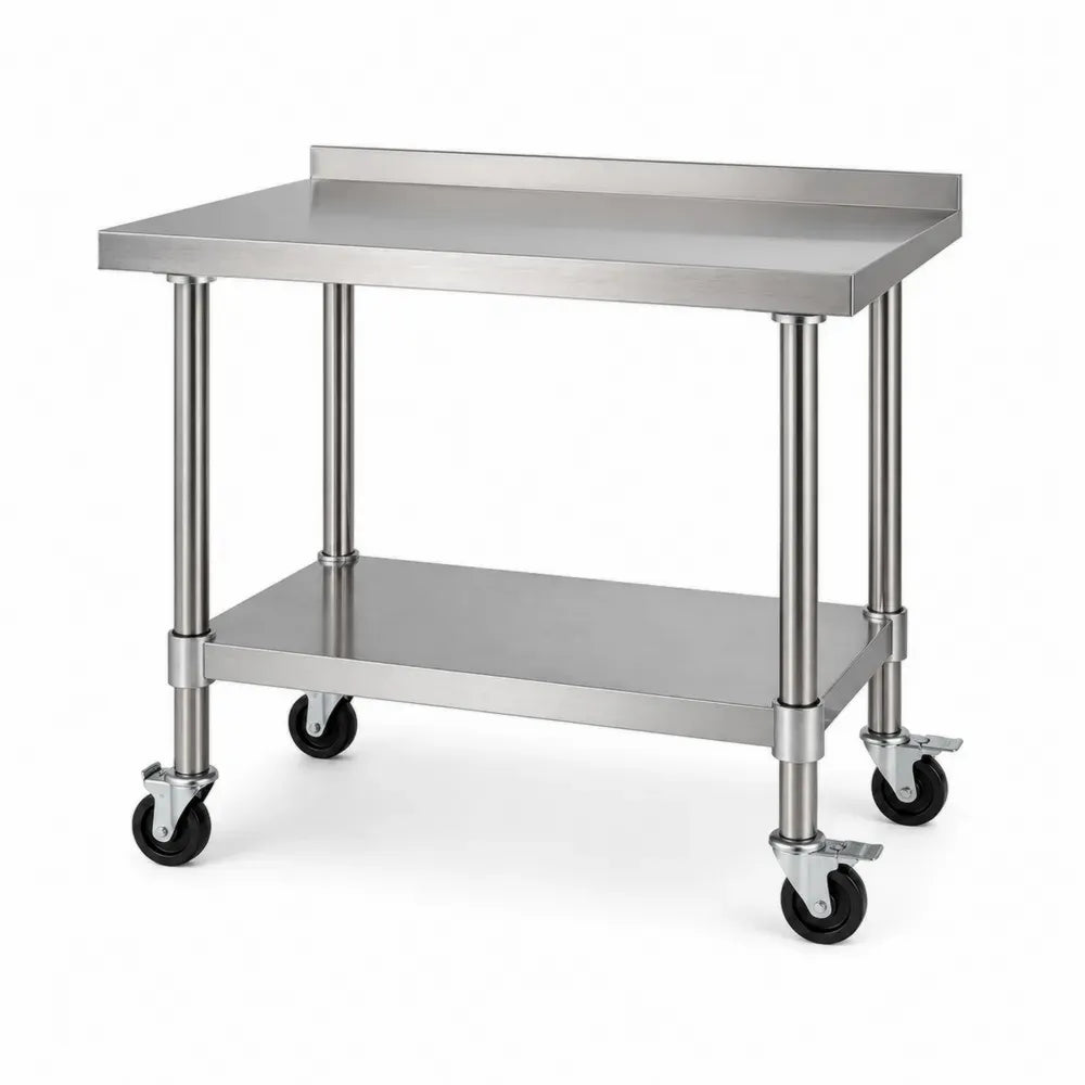 Edelstahl Rollwagen Arbeitstisch mit Aufkantung 90 x 60 x 95 cm 2 Ablagen 4 Rollen rechteckig Silberfarben Schwarz