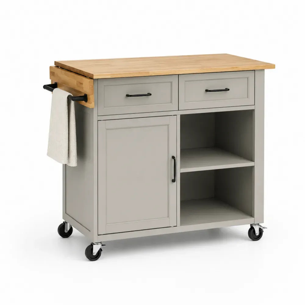 Küchenwagen Rollwagen mit Arbeitsplatte 2 Schubladen 1 Tür 100 x 45 x 90 cm MDF Bambus rechteckig Grau Naturfarben Schwarz Silberfarben
