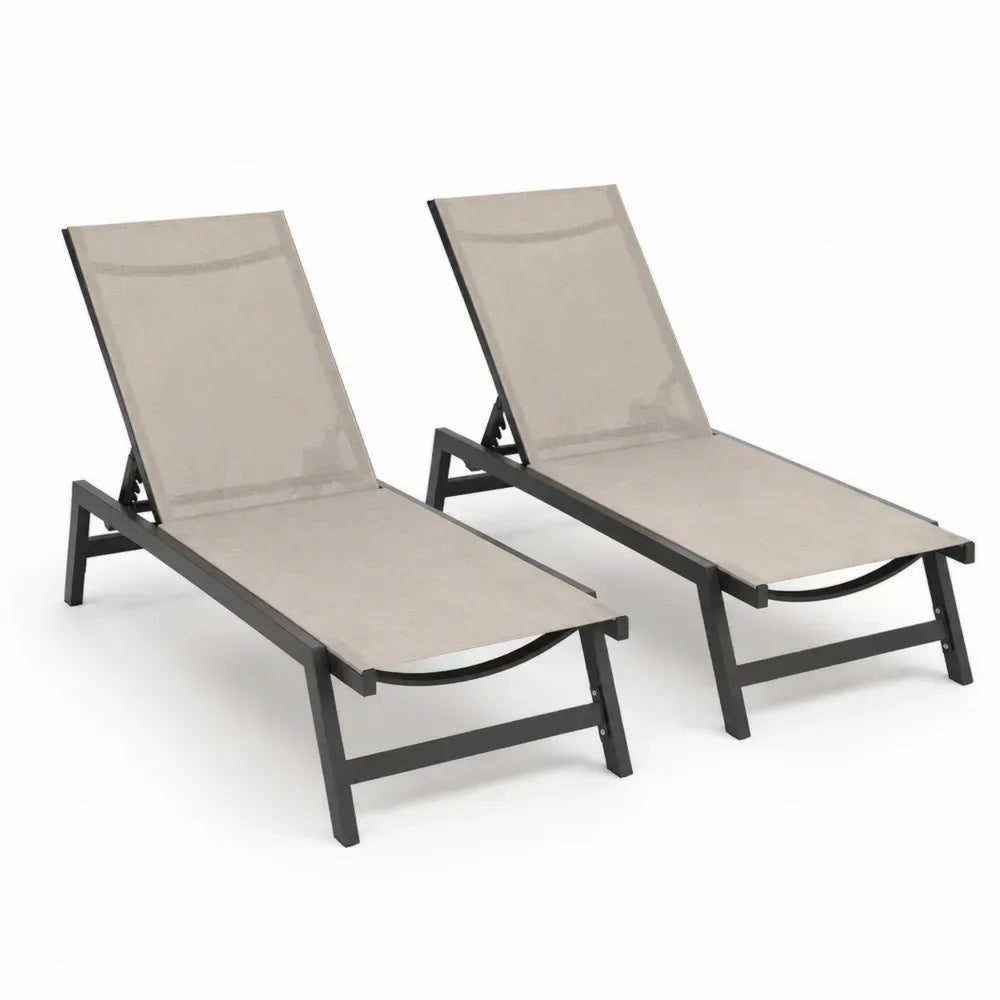 2er Set Sonnenliegen Gartenliegen mit verstellbarer Rückenlehne PVC-beschichtetes Polyestergewebe pulverbeschichtetes Aluminium Taupe Schwarz 190 x 64 x 96 cm