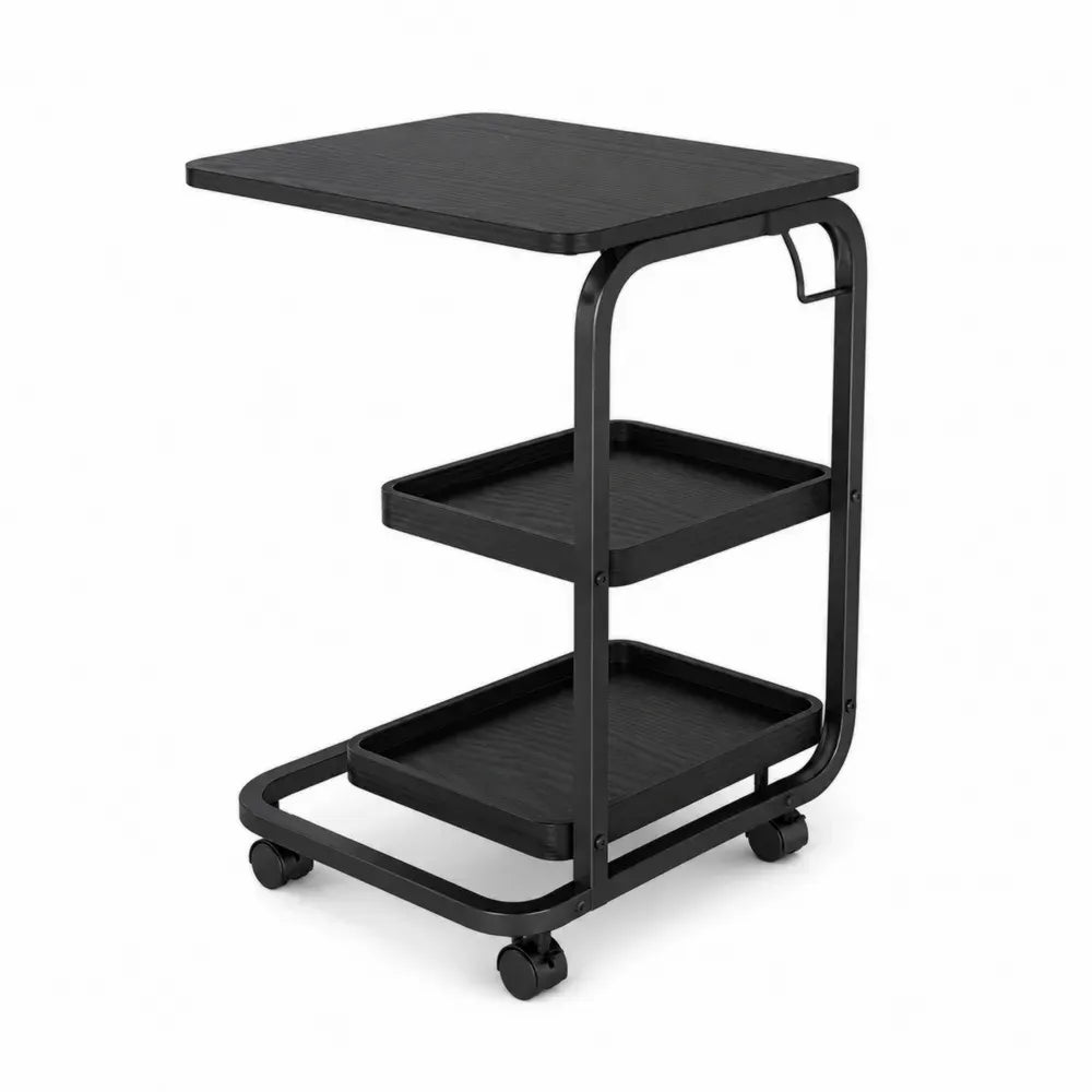 Rollwagen Beistelltisch mit 3 Ablagen 50 x 35 x 70 cm MDF Stahl rechteckig Schwarz mit Rollen