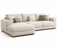 Modulares Ecksofa Wohnlandschaft mit linker Ottomane und 5 Kissen Kiefer Massivholz Sperrholz Polyester Bouclé Cremeweiß Salbeigrün Dunkelbraun 300 x 170 x 85 cm