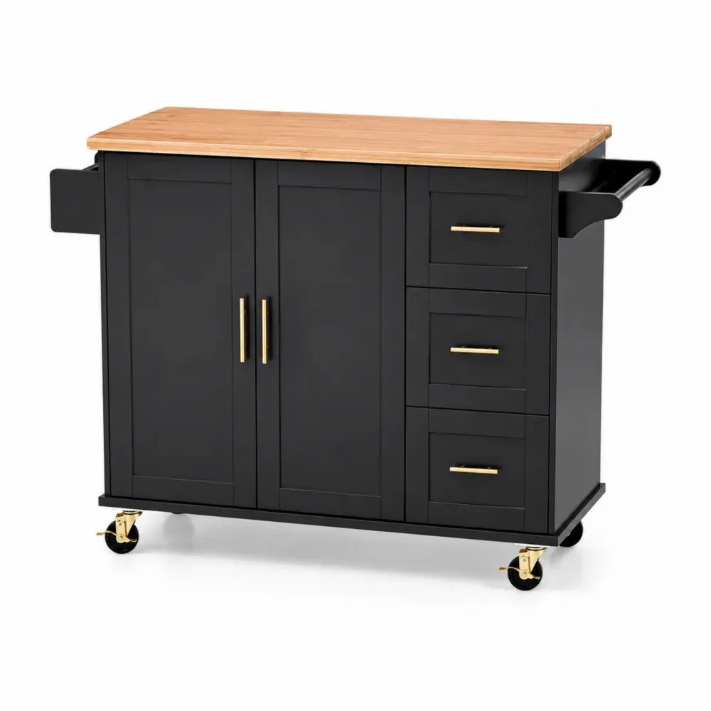 Küchenwagen Rollwagen mit Arbeitsplatte 120 x 48 x 91 cm MDF Bambus rechteckig Schwarz Naturfarben Goldfarben