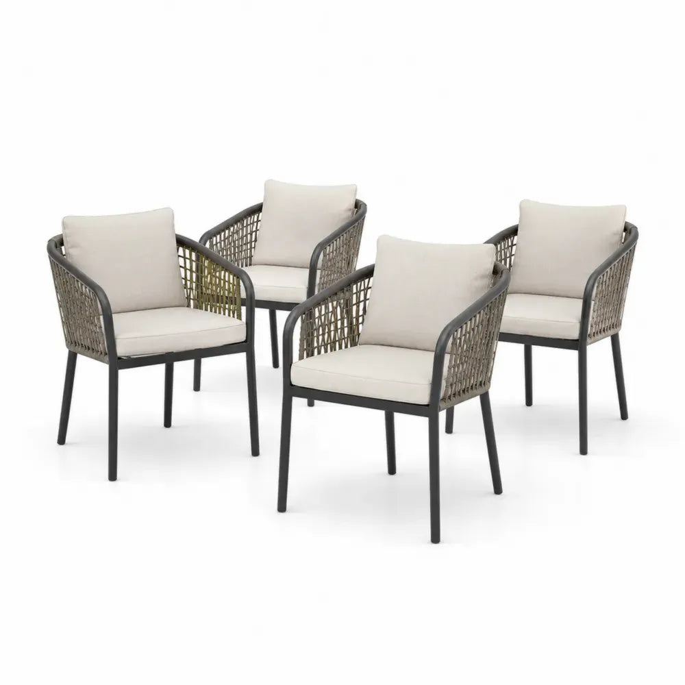 4er Set Gartenstühle mit Kissen pulverbeschichteter Stahl Polypropylen-Seilgeflecht Creme Taupe Dunkelgrau Schwarz 58 x 62 x 78 cm