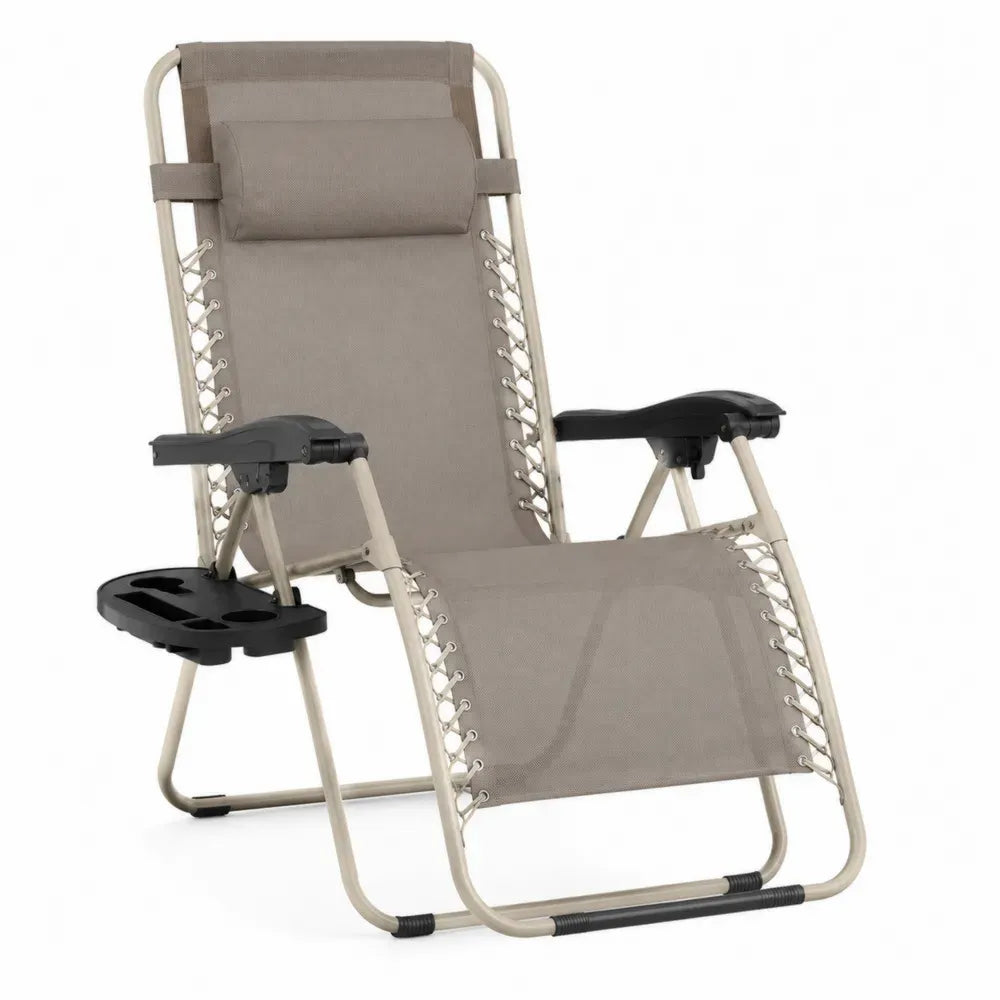 Garten-Relaxsessel klappbar 90 x 75 x 112 cm mit Kopfkissen Getränkehalter Stahl und PVC-beschichtetem Polyestergewebe Taupe Beige Schwarz