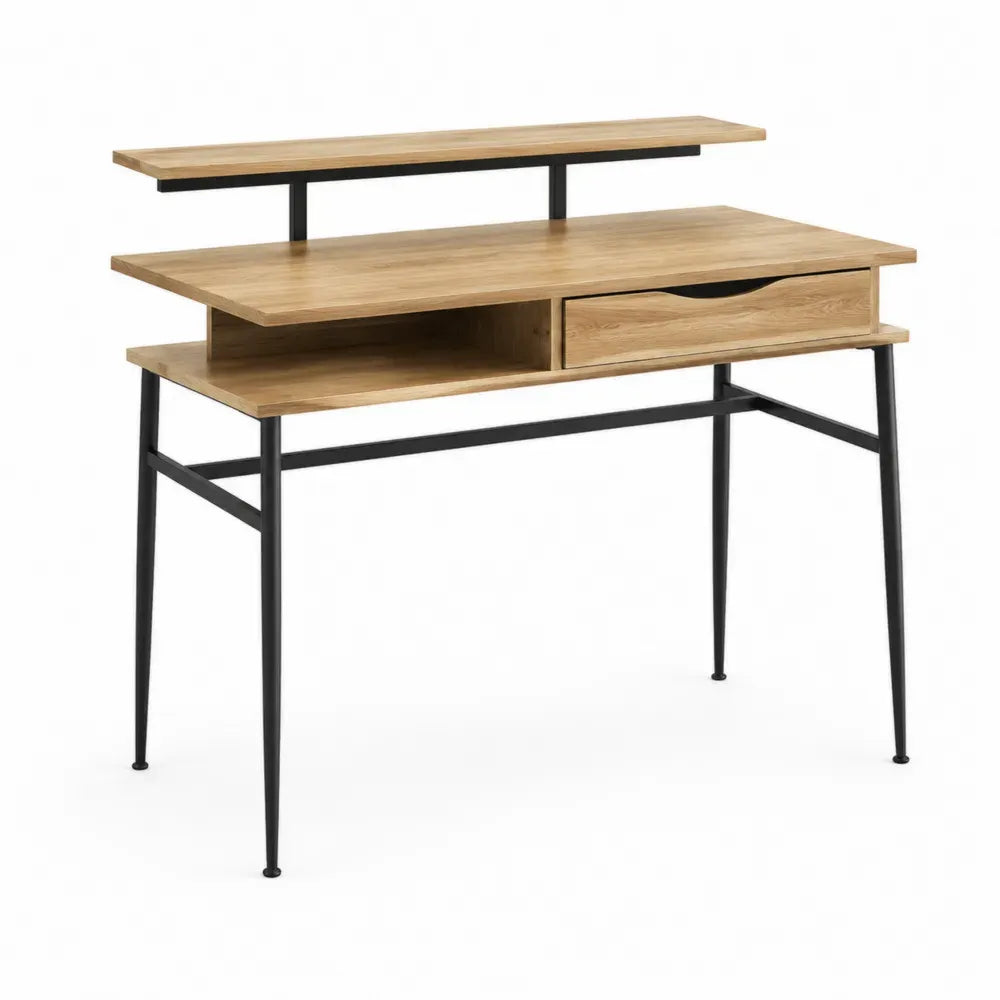 Schreibtisch mit Monitoraufsatz und Schublade 120 x 60 x 95 cm Spanplatte Stahl rechteckig Eiche hell Schwarz