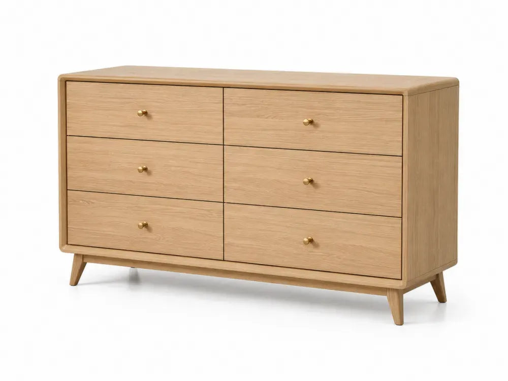 Kommode mit 6 Schubladen 120 x 40 x 78 cm Spanplatte Eichenfurnier rechteckig Eiche natur Goldfarben mit schrägen Beinen