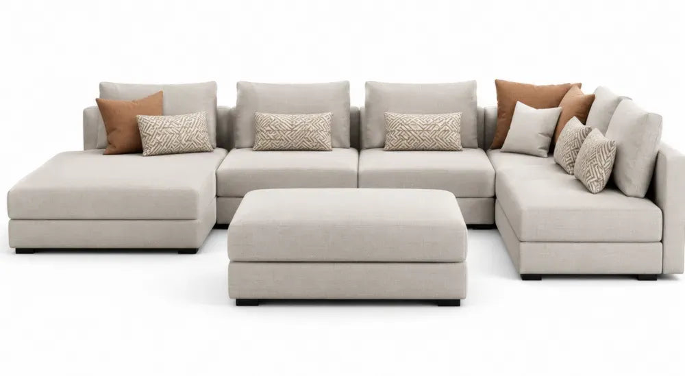 Modulares Ecksofa Wohnlandschaft U Form mit Hocker 7 Kissen Kiefer Massivholz Sperrholz Polyestergewebe Beige Braun Schwarz 340 x 220 x 85 cm