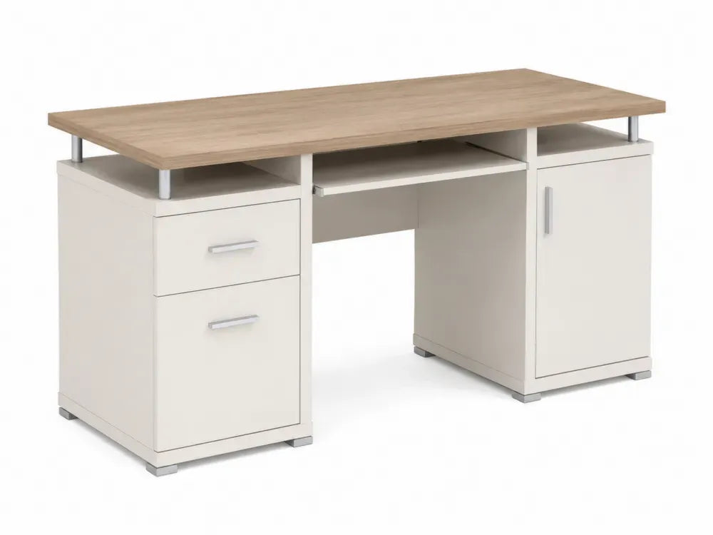 Schreibtisch Computertisch mit Tastaturauszug 2 Schubladen Tür 145 x 60 x 76 cm Spanplatte rechteckig Eichefarben Weiß Silberfarben Grau