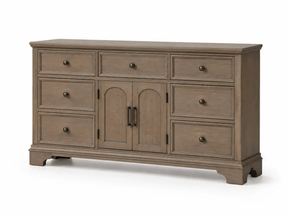 Kommode Sideboard mit 7 Schubladen und 2 Türen 160 x 45 x 85 cm MDF Eichefurnier rechteckig Taupebraun Dunkelbronze