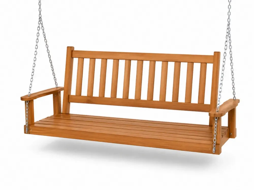 Hängende Gartenbank 3-Sitzer mit Armlehnen Tannenholz massiv Stahlketten Lattenstruktur Honigbraun Silberfarben 150 x 60 x 58 cm