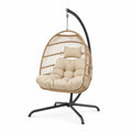 Hängesessel Gartenstuhl mit Gestell und Kissen eiförmig PE-Rattan pulverbeschichteter Stahl Naturbeige Creme Schwarz 105 x 105 x 195 cm
