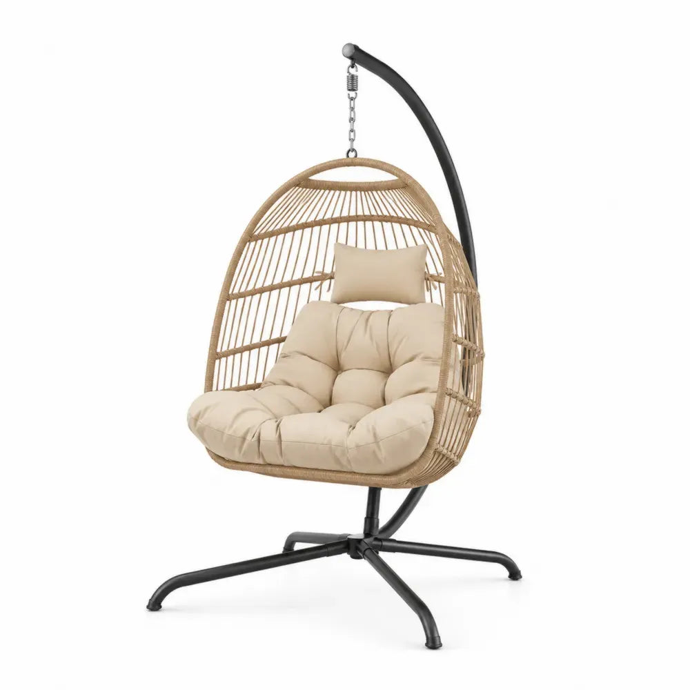 Hängesessel Gartenstuhl mit Gestell und Kissen eiförmig PE-Rattan pulverbeschichteter Stahl Naturbeige Creme Schwarz 105 x 105 x 195 cm